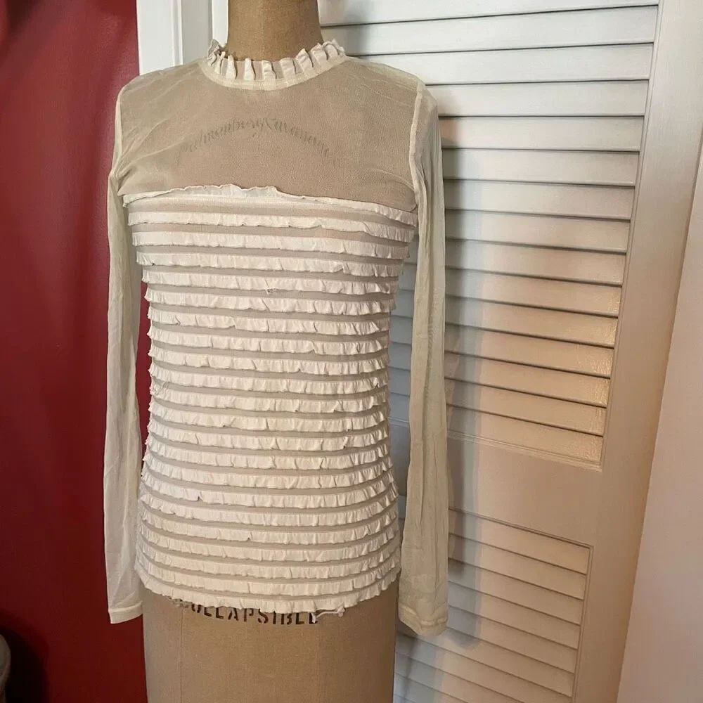 KIMCHI BLUE | cream sheer long sleeve zip back blouse M